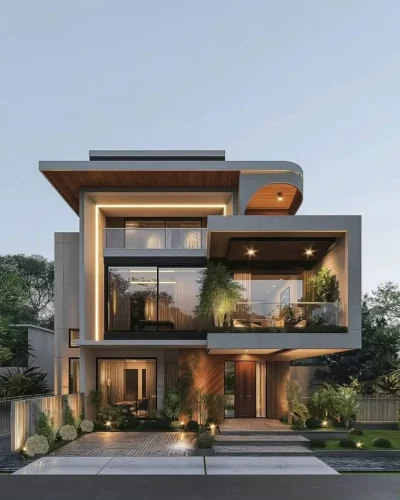 villa elevation design with glass