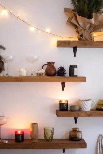 Add floating shelves with adhesive supports
